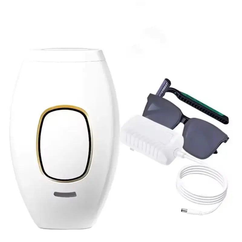 Veluna IPL Hårfjerningsenhet med briller og tilbehør for trygg og effektiv hårfjerning hjemme.