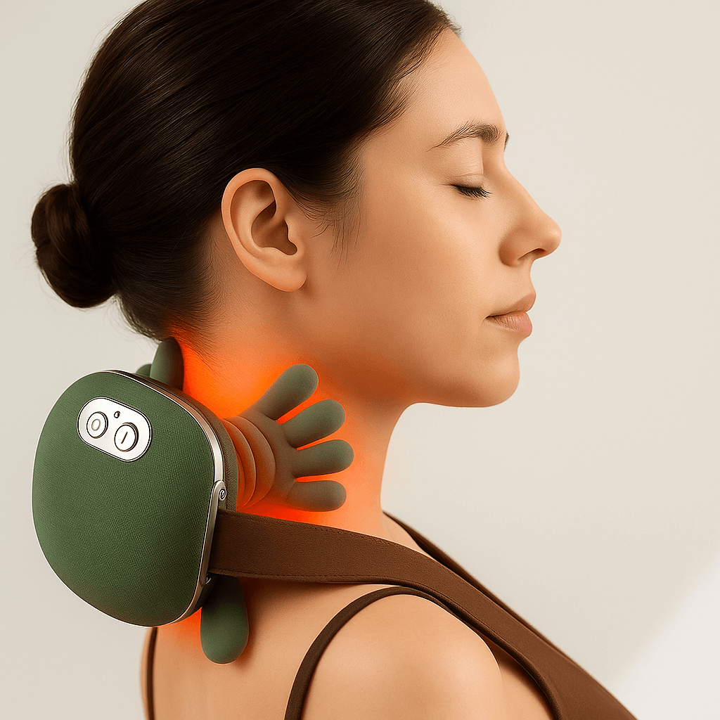 Kvinne slapper av med Veluna nakke skuldermassasjepute