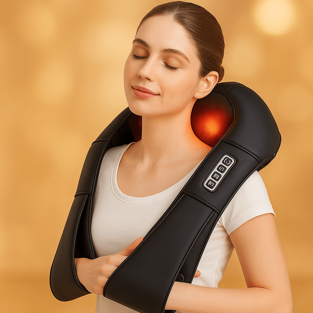 Oppladbar Nakke- og Skuldermassasjepute med Varme  med roterende massasjekuler og varme, brukt over skuldrene.