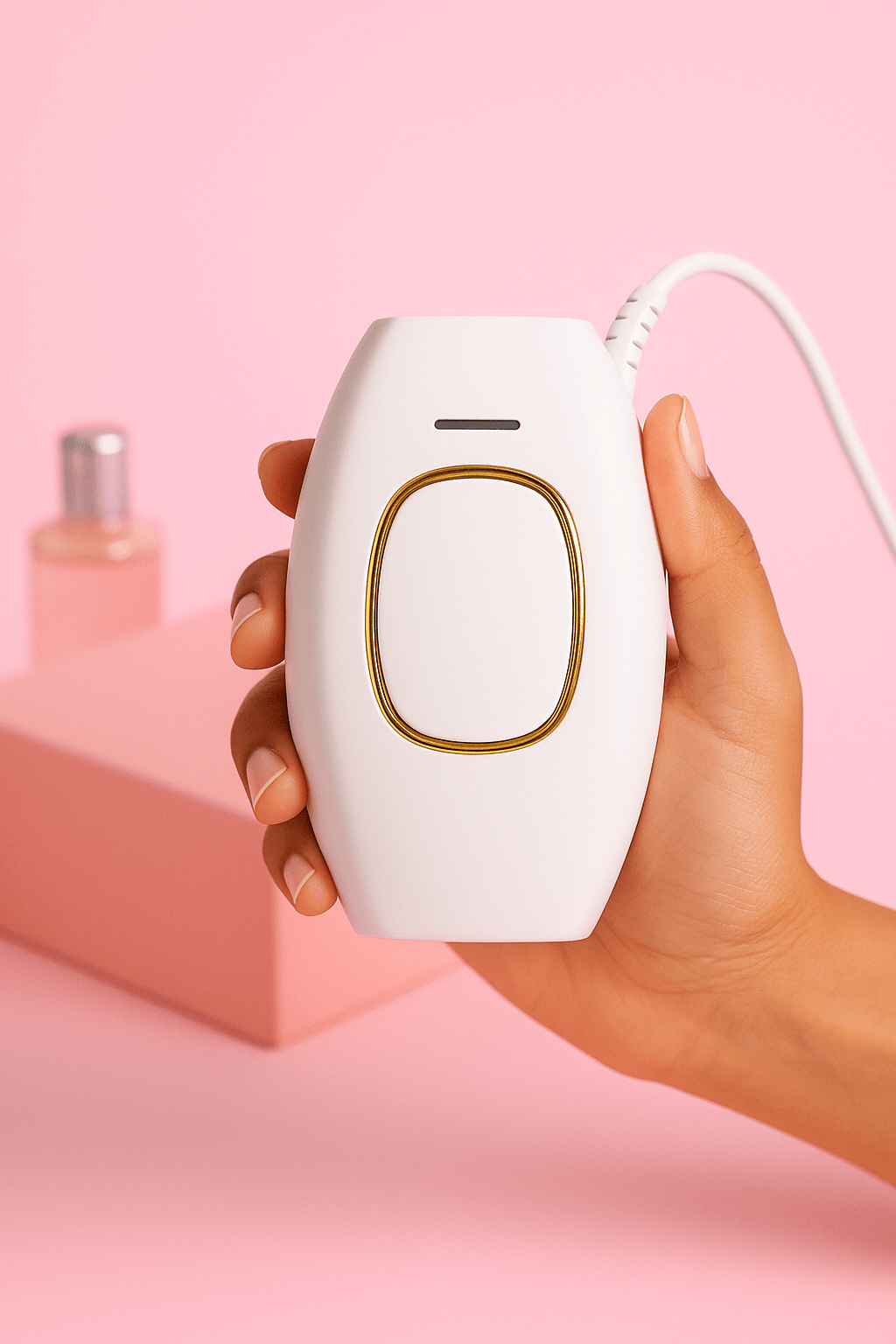 Veluna IPL Hårfjerningsenhet i hånd med rosa bakgrunn for effektiv hårfjerning hjemme.