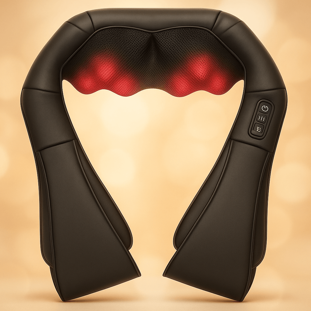 oppladbar nakke- og skuldermassasjepute med varmefunksjon og ergonomisk design fra Veluna."