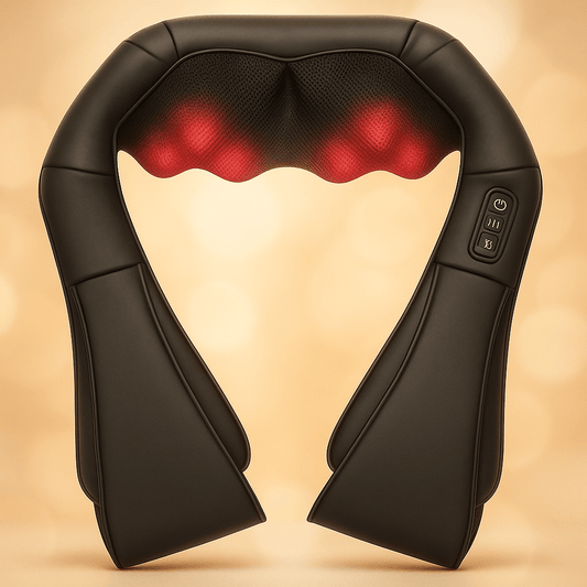 oppladbar nakke- og skuldermassasjepute med varmefunksjon og ergonomisk design fra Veluna."